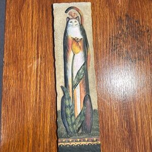 E. Smithson Cottagecore Folk Art Cat 3-D Resin Wall Plaque with Tulip & Bird